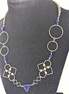 Artisan Necklace Sterling Silver Lapis Blue Colored Geometric Shapes Vtg 19" - Picture 1 of 6