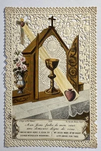 Antigua TARJETA SAGRADA Vintage Canivet Encaje Cáliz Sagrado Corazón Cruz Jesús Turgis - Imagen 1 de 3