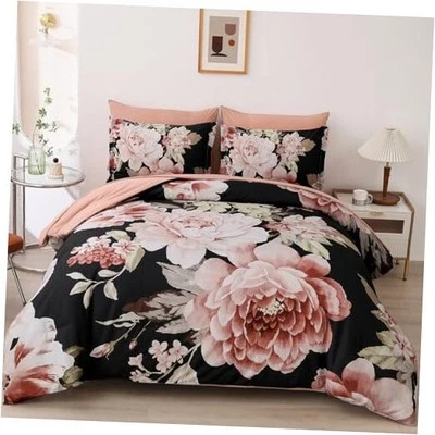  Juego de Edredón King Size 7 Piezas Rosa Floral Cama en Bolsa, King90"x103" Negro Foto 1 de 4