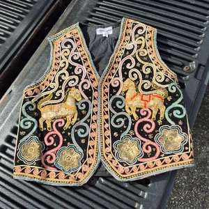 VTG CAROL HORN Workshop Sequin Puffy Horse Vest Size M/L Indie Eclectic Boho - Picture 1 of 15