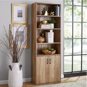 Mainstays 433569 Traditional 5 Shelf Bookcase With Doors, Weathered Oak - Picture 1 of 3