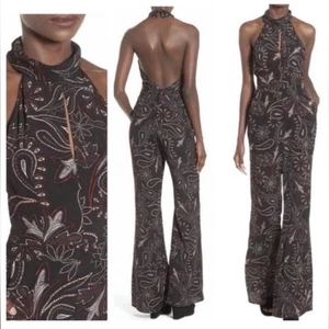 Revolve ASTR XS Jumpsuit Halter Black Red Paisley Flare Leg Open Back Retro EUC - Picture 1 of 7