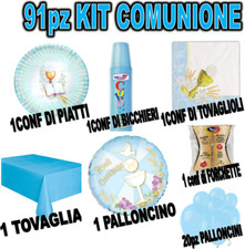 Kit 91pz PRIMA COMUNIONE TAVOLA ADDOBBI PARTY SET piatti 1° AZZURRO celeste