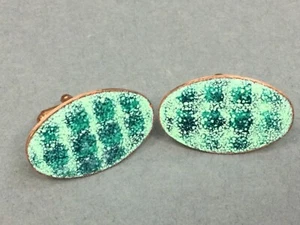 Green Enamel Copper Cufflinks Abstract Geometric Oval Cuff Links Modernist MCM - Picture 1 of 5