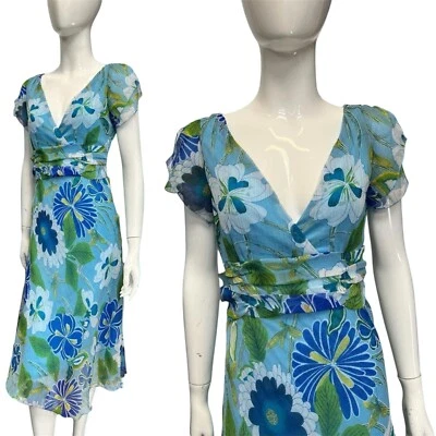 Monsoon Azul Floral Vestido Midi Talla 1 4 Fiesta Boda y2k Vaporoso Formal - Imagen 1 de 3