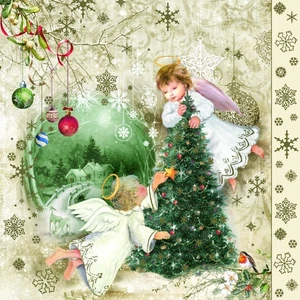 Decoupage Paper Napkin Vintage Christmas Tree Angels Two Single Luncheon Napkins - Picture 1 of 8