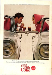 COCA COLA Print Ad Drive-In Restaurant Drinking Coke & Burger Meal c1966 - Picture 1 of 1