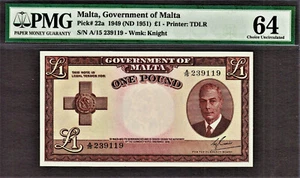 Malta One Pound 1949 (ND 1951) Pick-22a CH UNC PMG 64 - Picture 1 of 2