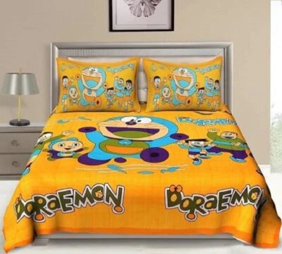 Indian 100% Cotton flat Doraemon Prined Queen Size Bed Sheet With Pillow Covers - Image 1 of 4