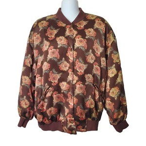 Saks Fifth Avenue Real Clothes Bomber Jacket Womens Large 100% Silk Brown Floral - Picture 1 of 11