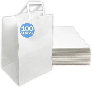 100 Pack 10"X6.75"X12" Large White Paper Bags W/ Handles Ideal for to Go Take Ou - Picture 1 of 3