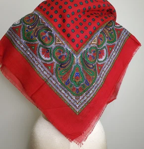 Vintage Schal rot blau grün geometrisch Paisley Bordüre 31" sq Fransen 80er Preppy - Bild 1 von 4