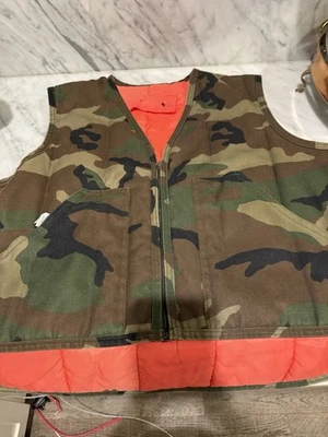 Vintage 80s Woodland Camo Hunting Vest XL – Made in USA – Blaze Orange Lining - Image 1 of 4