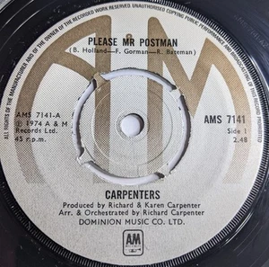 Carpenters Please Mr Postman Vinyl Record Single Year 1974 AMS 7141 UK Pressing - Imagen 1 de 8