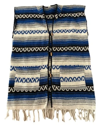 De Colección San Diego Mexicano Manta Chaleco Poncho Serape OS Azul Flecos Rayas Bolsillos Foto 1 de 4