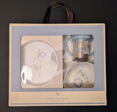 New Pottery Barn Baby - Nursery Feeding Set: Blue Lion Elephant Plate, Bowl, Cup - Image 1 of 4