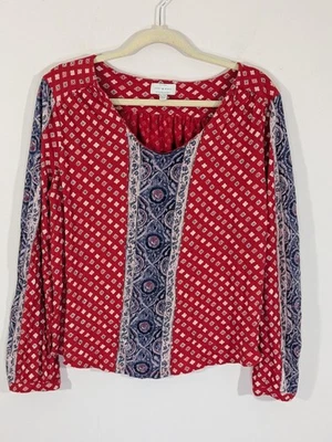 Lucky Brand 女式 XL 码红色蓝色白色 L/S 波西米亚混合印花 V 领上衣 — 第 1/4 张图片