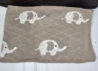 Vertex Tan Elephant Knit Ivory Baby Blanket Lovey 100% Cotton Reversible 35x44 - Image 1 of 4