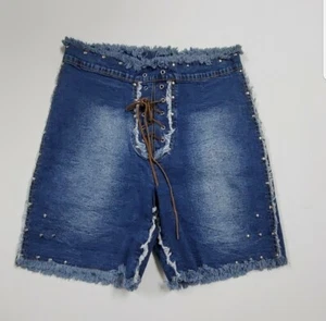 Moto Blues Junior's Jean Shorts 15 High Waist Western Boho Fringe Studs Cowgirl - Picture 1 of 12