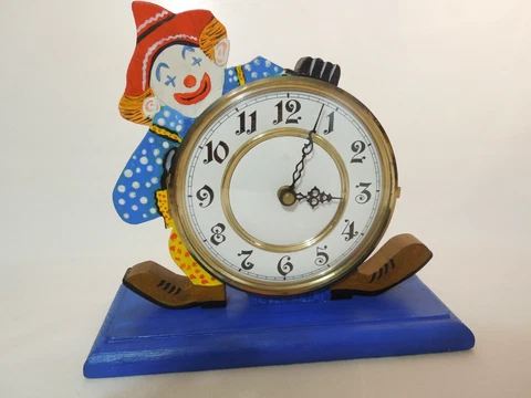 Vintage Clown Desk / Mantel Clock Hand Painted Wood Brass Bezel with Glass Lens Cover