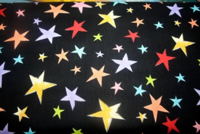 MULTISIZED, MULTICOLORED STARS ON BLACK FROM LORALIE - 100% COTTON FABRIC - Image 1 of 4