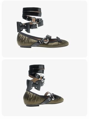 Moschino Zapatos Mujer Satén y Cuero Fuerte Ballet Militar Verde y Negro  Foto 1 de 3