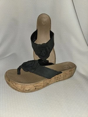 Crocs Size 6 A Leigh Flower Leather Flip Flop Sandal Cork Platform Wedge Black - Image 1 of 4