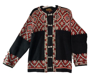 Cárdigan de lana Nordstrikk talla mediana Noruega rojo negro blanco patrón cierres de metal de colección Foto 1 de 4