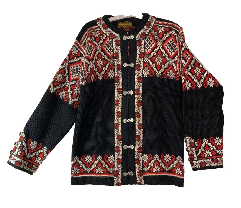 Nordstrikk sz Med шерсти кардиган Норвегии красный черный белый узор металлические застежки винтажный - Изображение 1 из 4