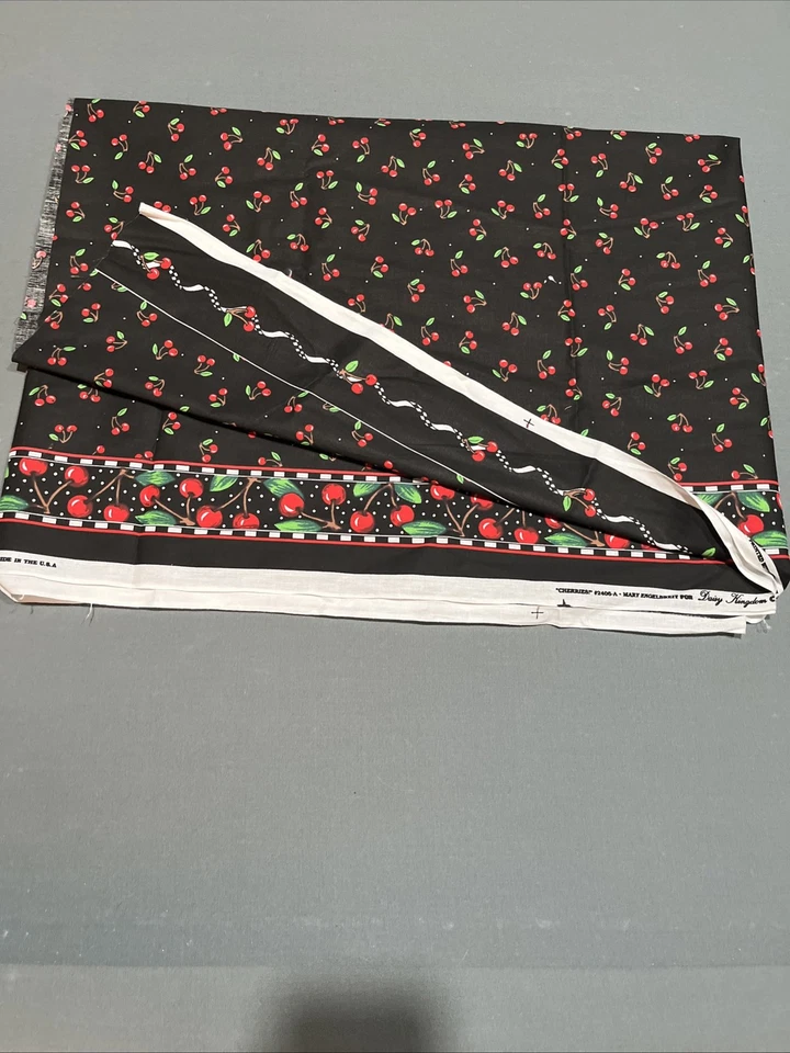 One Yard 34” x 46” Mary Engelbreit Cherries Fabric On Black With Borders - Image 1 of 1