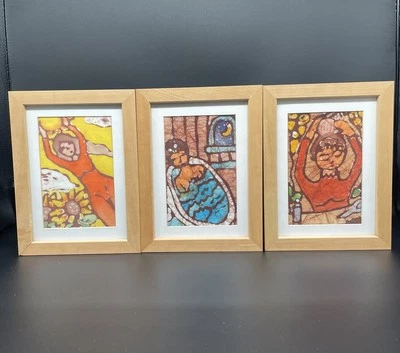 Lote de 3 figuras de mujer de arte de pared de seda Batik firmadas por artista Laurie Bass 6x8 Foto 1 de 4