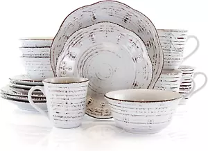 16 Piece Embossed Scalloped Stoneware round Dinnerware Set in White with Brown A - Picture 1 of 7