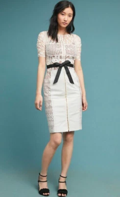 Beguile by Byron Lars Off-White Lace Black Belt Carissima Sheath Dress sz 6P - Image 1 of 4