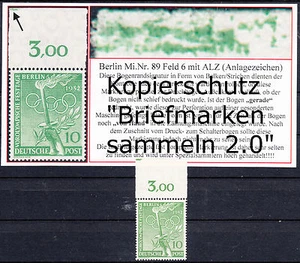 ❷❷ Berlin MiNr. 89 ** ALZ Anlagezeichen im Oberrand durch überbreitem Oberrand - Bild 1 von 2