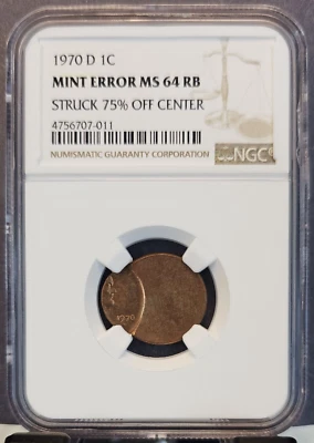 1970 D LINCOLN CENT 1C NGC MS 64 RB MINT ERROR STRUCK 75% OFF CENTER NICE BU - Image 1 of 3