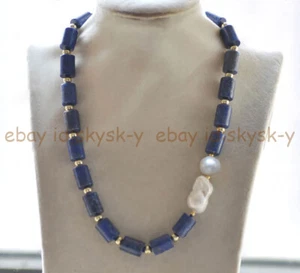 Natural Lapis Lazuli Cylinder Gemstone Beads White Baroque Keshi Pearl Necklace - Picture 1 of 18