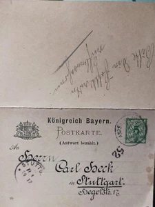 GERMANY PREPAID 5 Pf BAYERN POSTCARD LANDSHUT to STUTTGART + REPLY Postcard 1896 - Picture 1 of 2
