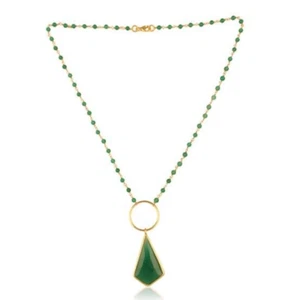 Beaded Chain Fancy Necklace Yellow Gold Kite Pendent Necklace With Green Onyx - Picture 1 of 5