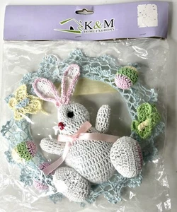 Vintage Stiff Starched Crochet Easter Bunny Wreath Wall Decor 9.5" Blue - Picture 1 of 2
