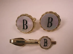 B Monogram Initial Letter Vintage Cuff Links Tie Bar Clip set bob ben bart bert - Picture 1 of 10