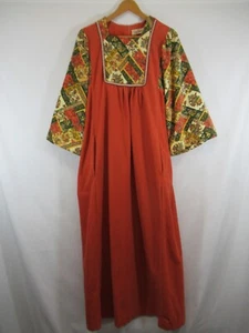 Vintage 60s 70s Evelyn Pearson Velour & Corduroy Hostess Maxi Dress Orange - Picture 1 of 7