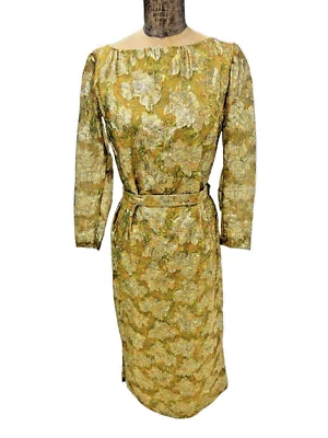 Maxi Vestido de Noche Mediano Años 70 Vintage Dorado Brillante Metálico Patrón Psicodélico Foto 1 de 4