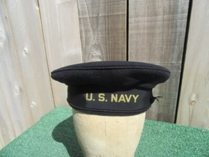 Vintage United States U.S. Navy Black Wool Flat Cap Hat Size 6 7/8 Donald Duck - Picture 1 of 8