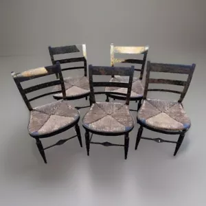 5 Antique Original Hitchcock Black & Gold Stenciled Farmhouse Rush Seat Chairs - Picture 1 of 17