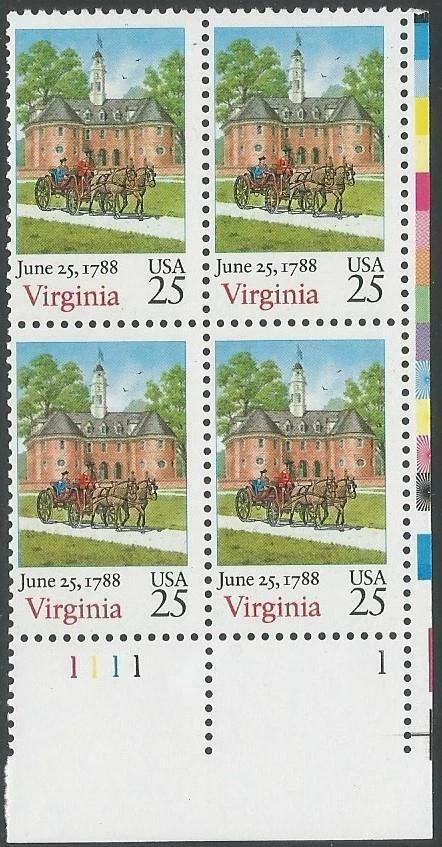 Plate Block of 4 stamps - Scott 2345 - 25 cent - 1988 - Virginia - MNH - Image 1 of 1