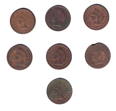 Lot of Indian Head Pennies 1880s and 1 1892 Penny USA 1 Cent 7 Cents Estate Sale - Image 1 of 2