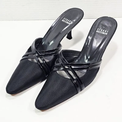 Stuart Weitzman Halftime Negro Crepe Slip-On Mules Tacones 9.0 ESTRECHO Tacón de Gatito Foto 1 de 4