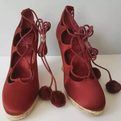 Tory Burch Pompones Tacón de Cuña Con Cordones Alpargata Rojo Satinado Zapatos Talla 7.5 Foto 1 de 4