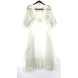 Vintage Nylon Peignoir Robe Womens Sz Small White Sheer Lace Trim Short Sleeves - Picture 1 of 7