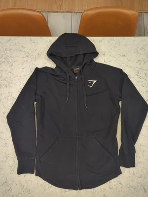 Gymshark 连帽衫女式中号黑色全拉链弧形下摆标志训练弹力 — 第 1/4 张图片